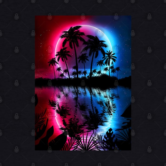 Neon landscape: Neon circle on a tropical beach by Synthwave1950